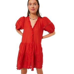 Sea New York Red Cotton Puff Sleeve Tiered Mini Dress Size S